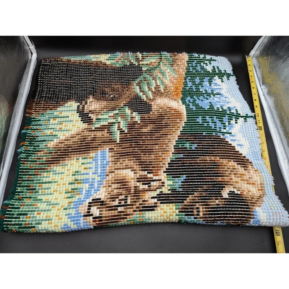 RARE VTG Latch Hook Rug Wall Hanging Moose Deer Bison Bear Mountain Lion Stream